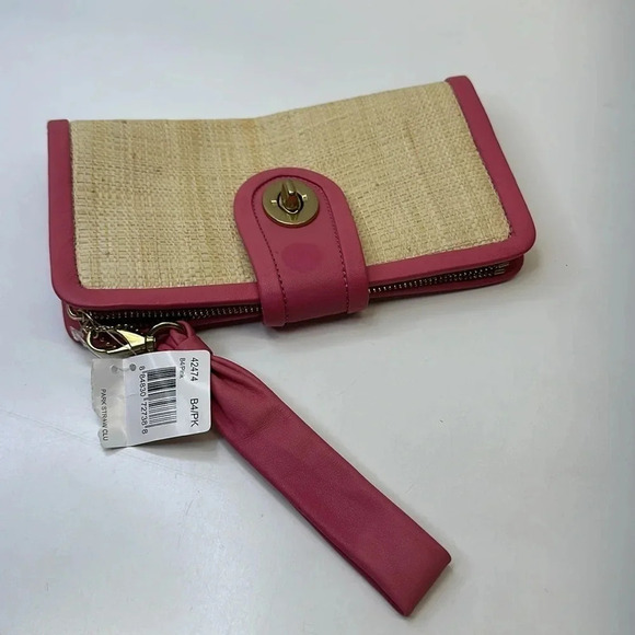 Coach Park Straw Clutch Handbag Small Purse Leather Metal Gold Tan Pink New NWT - Picture 3 of 13